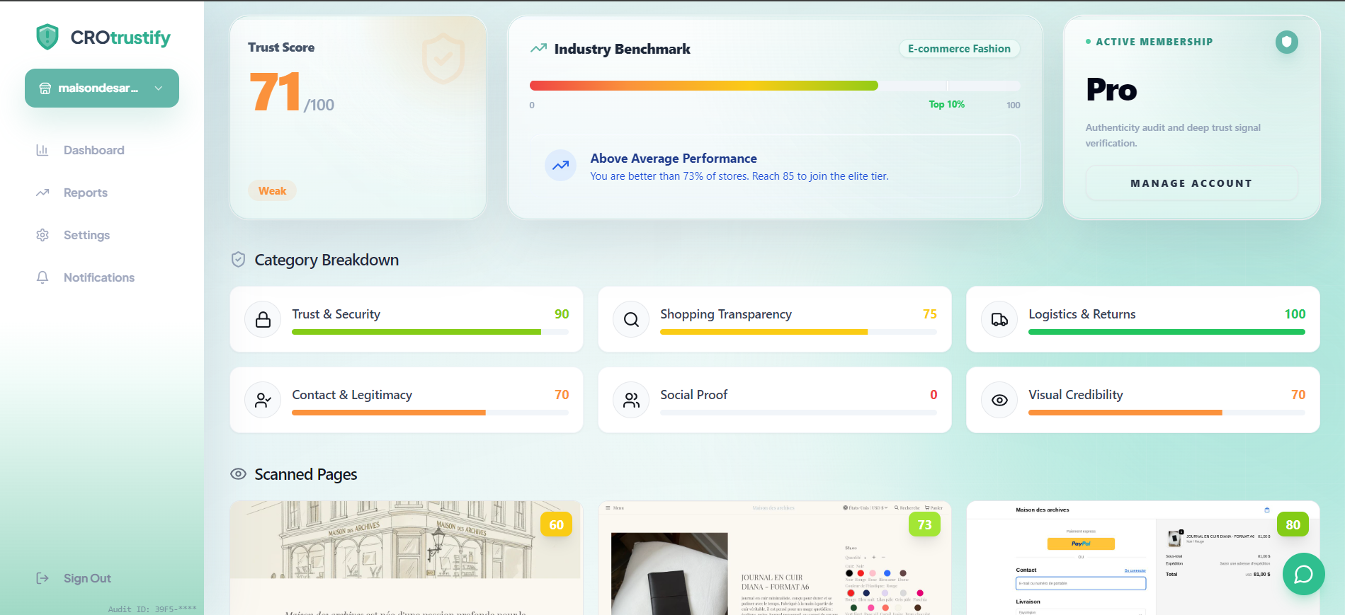 CROtrustify dashboard audit preview